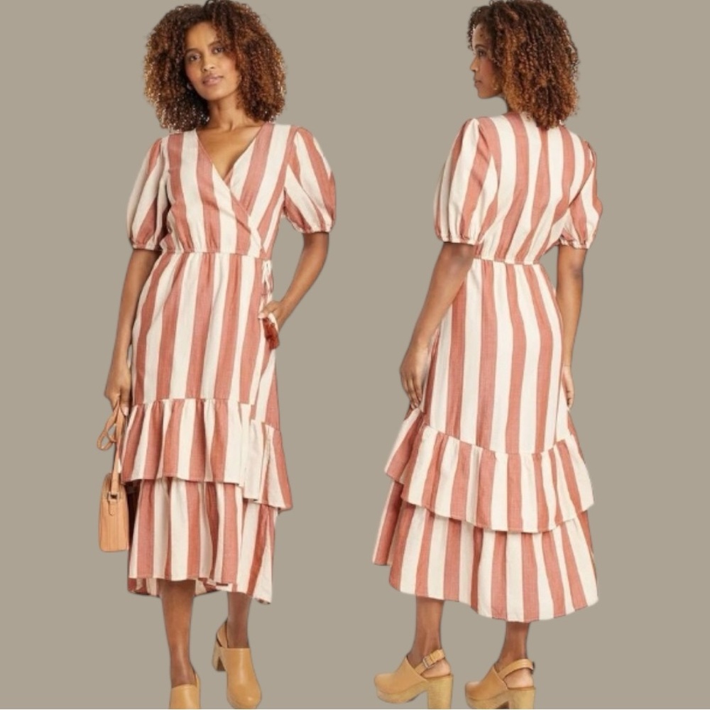 Knox Rose Rust Stripe Wrap Midi Dress Size Large